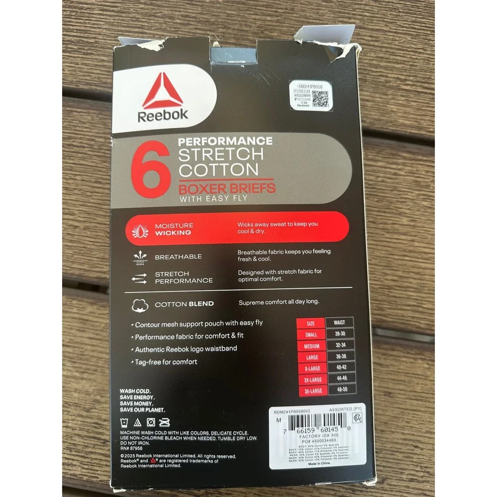 Reebok Mens 6 Pack Performance Stretch Cotton Boxer Briefs Med Assorted Colors